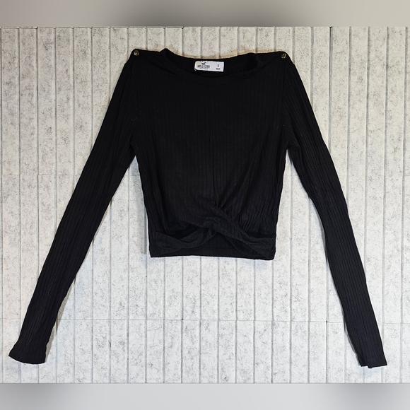 Hollister Black Ribbed Twist Front Long Sleeve Crop Top Size S - Picture 1 of 2